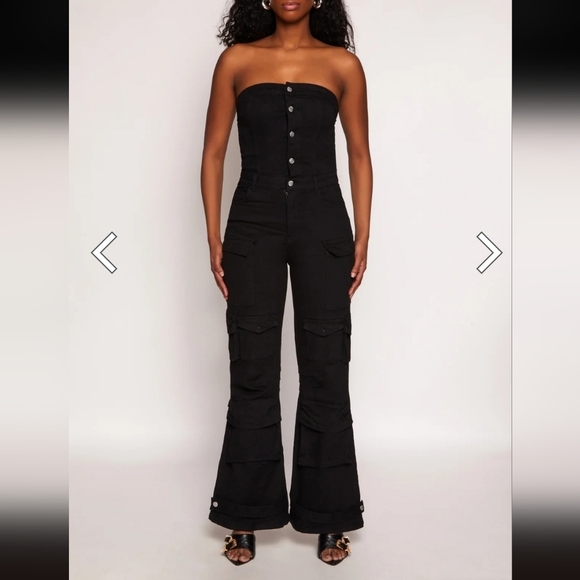 Daisy Denim Cargo Pocket Jumpsuit - black. Size Medium. New.SleevelessStraple - Picture 1 of 10